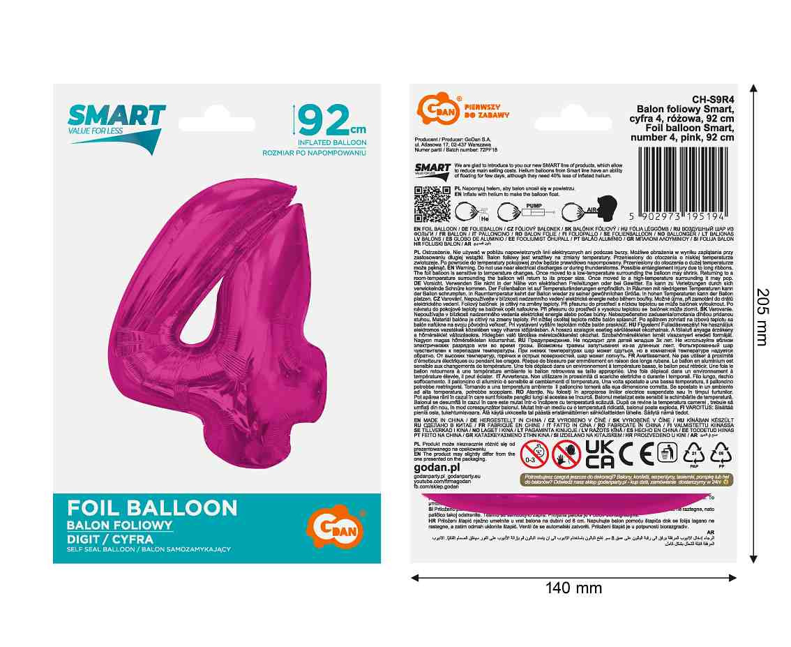 Balon foliowy Smart cyfra 4 różowa 92cm CH-S9R4 GoDan